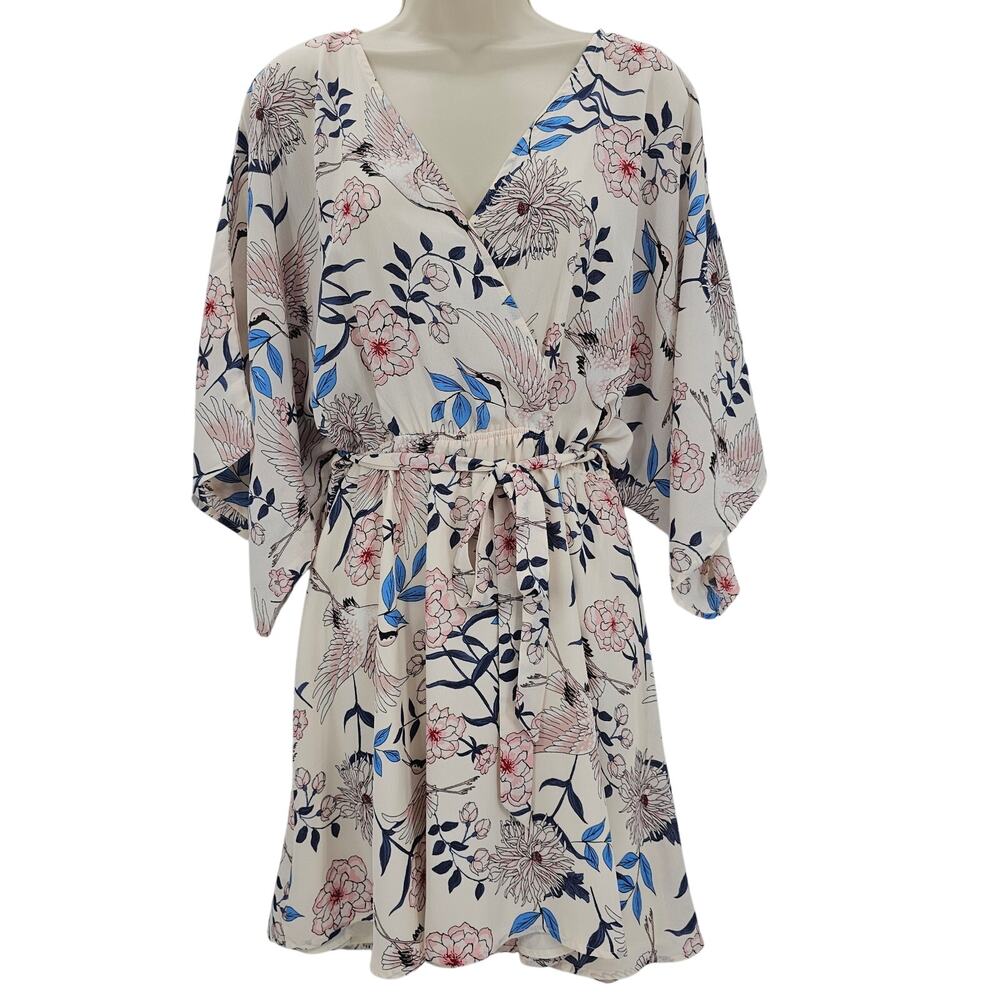 Lulus Womans size XL Flower & Glory Cream Floral Print & Bird V-Neck Mini Dress